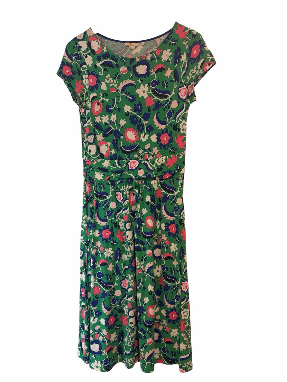 Boden Green Floral Fit-and-Flare Dress with Pink & Cream Accents